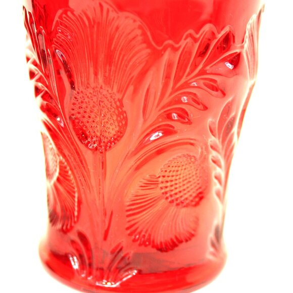 MOSSER RUBY RED GLASS PITCHER & (2) TUMBLERS INVERTED THISTLE PATTERN VINTAGE - Picture 4 of 10